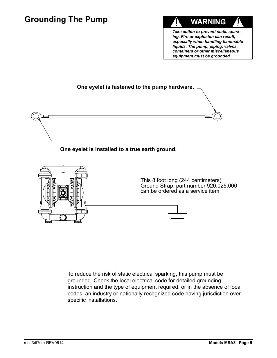 Grounding the pump, Warning | SANDPIPER MSA3-C User Manual | Page 7 / 12