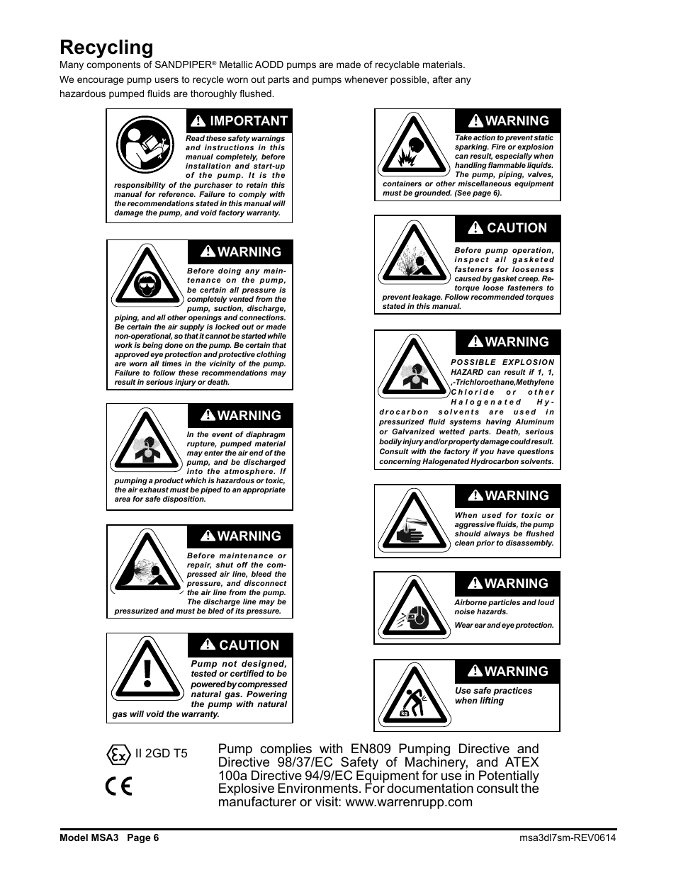 Recycling, Warning, Caution | Ii 2gd t5 | SANDPIPER MSA3-C User Manual | Page 8 / 12