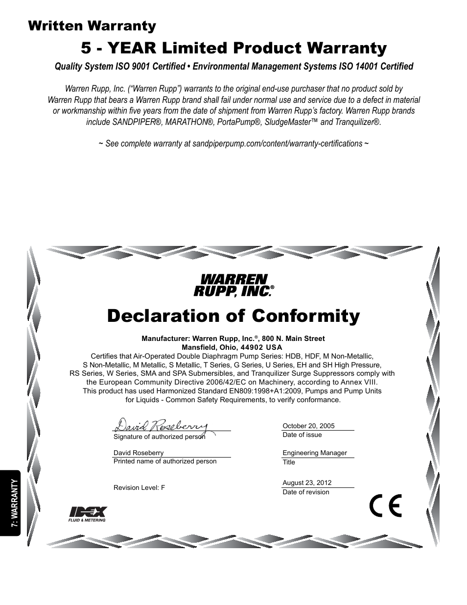 Declaration of conformity, 5 - year limited product warranty, Written warranty | SANDPIPER T1F User Manual | Page 18 / 19