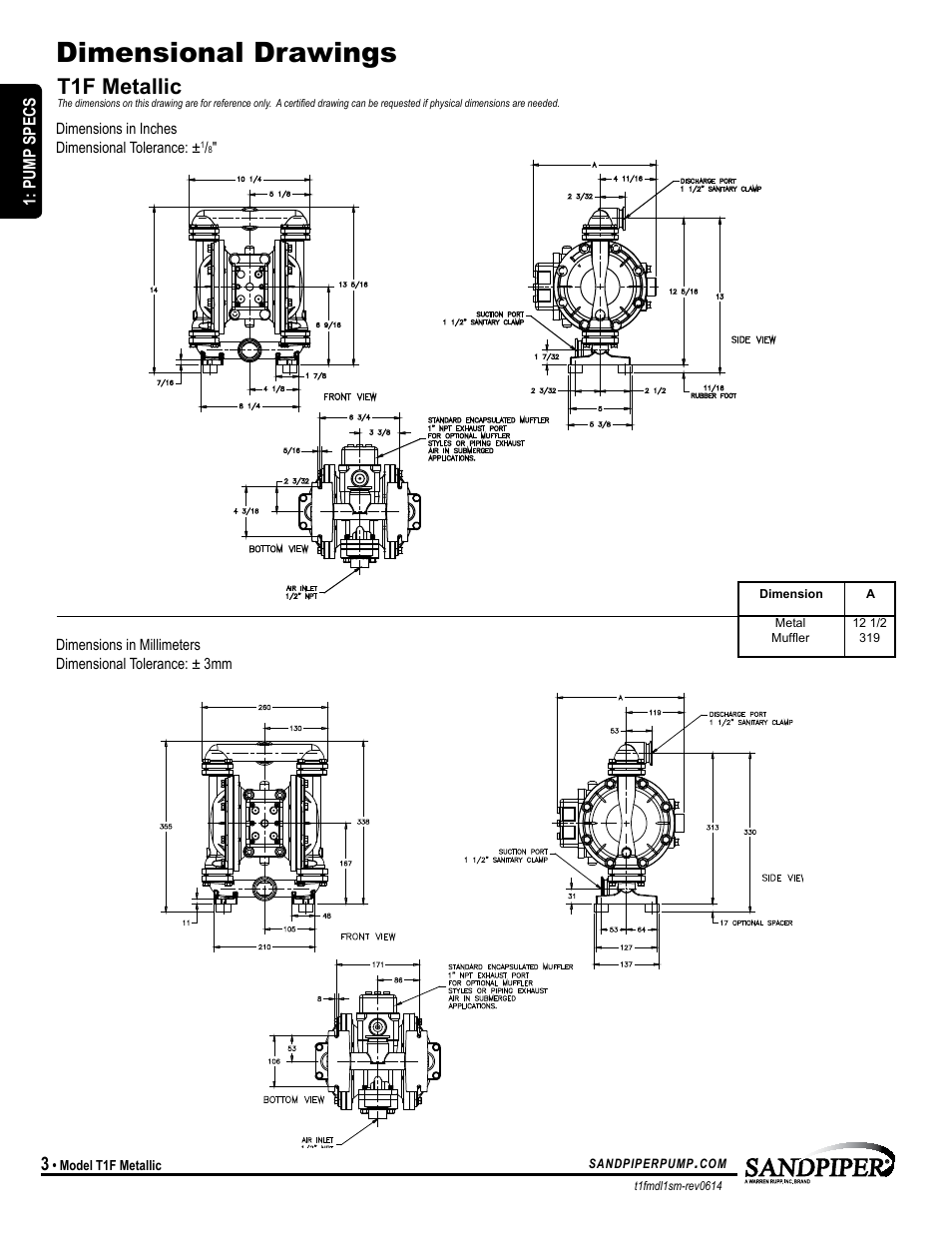 Dimensional drawings, T1f metallic | SANDPIPER T1F User Manual | Page 6 / 19