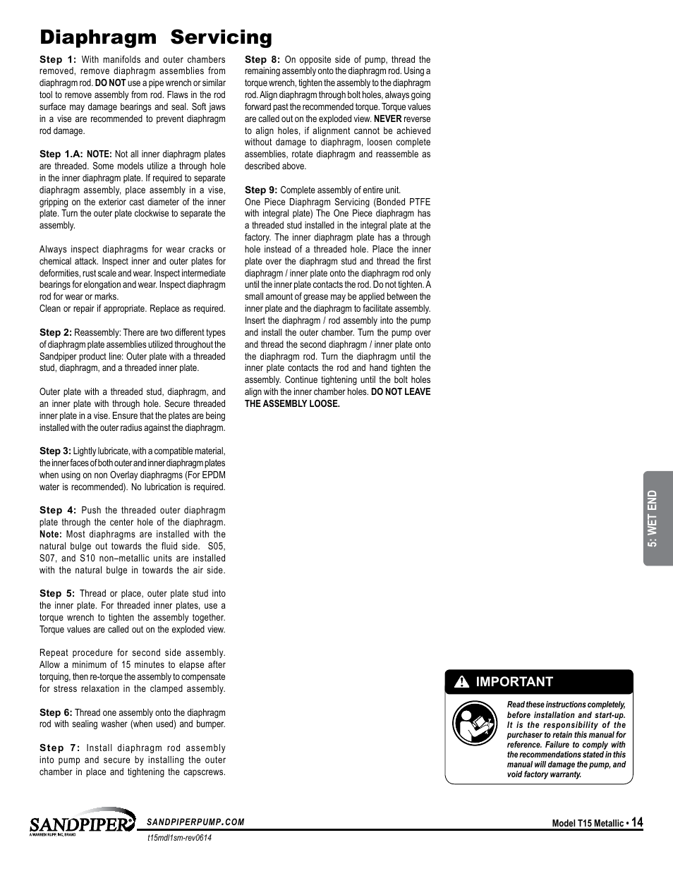 Diaphragm servicing, Important | SANDPIPER T15 User Manual | Page 17 / 19