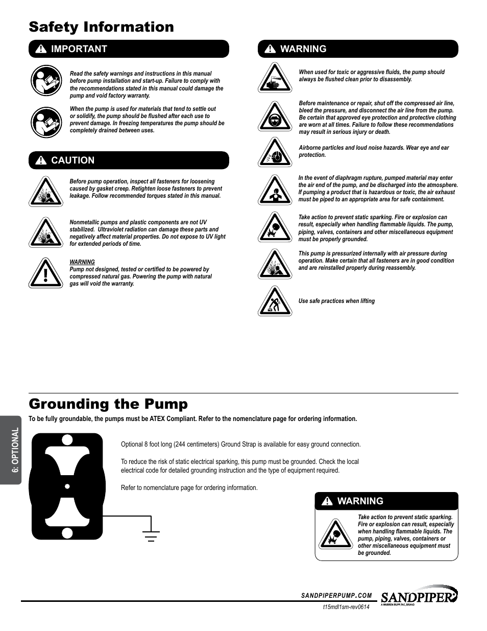 Safety information grounding the pump, Important, Caution warning | Warning, Optional | SANDPIPER T15 User Manual | Page 2 / 19