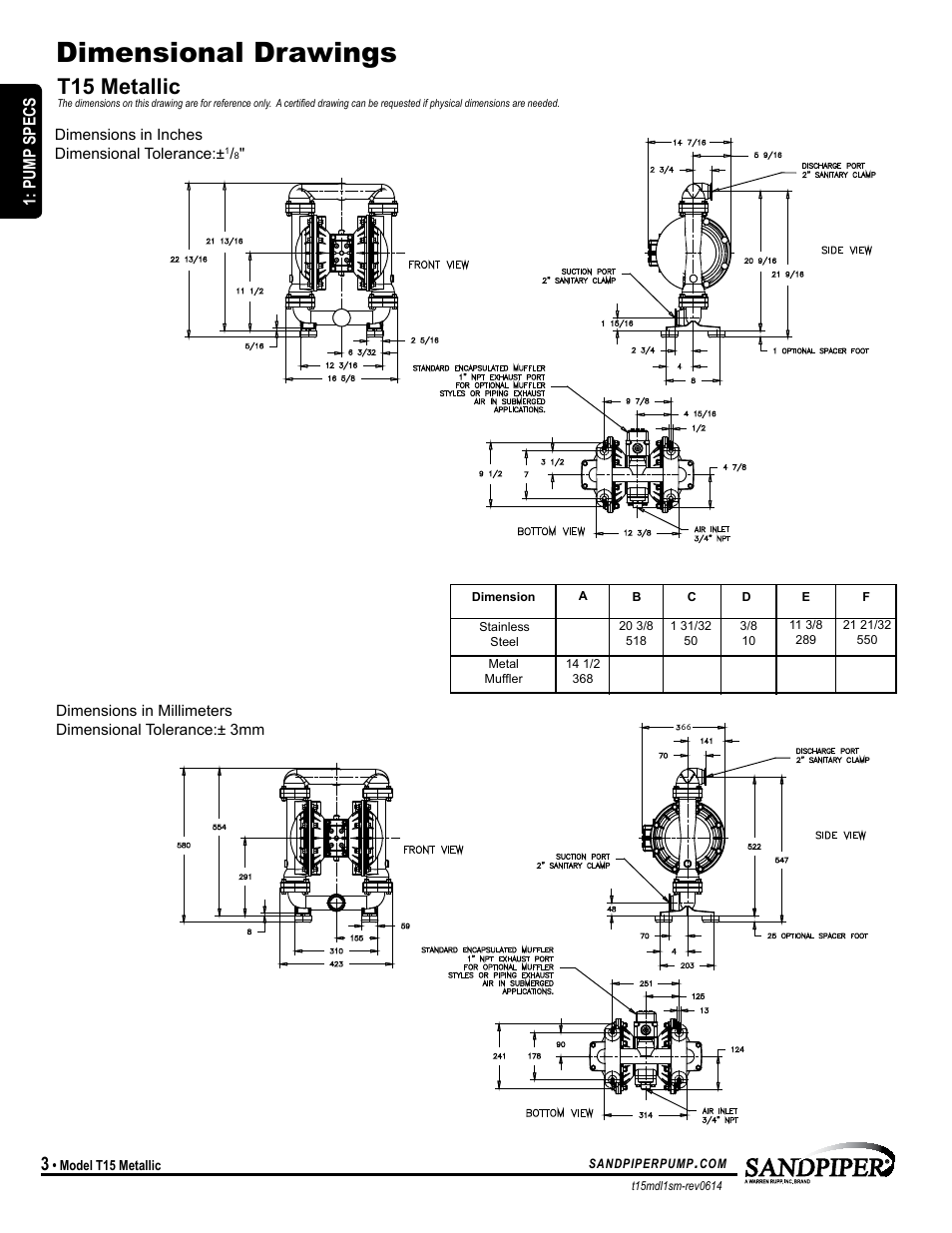 Dimensional drawings, T15 metallic, Pump specs | SANDPIPER T15 User Manual | Page 6 / 19
