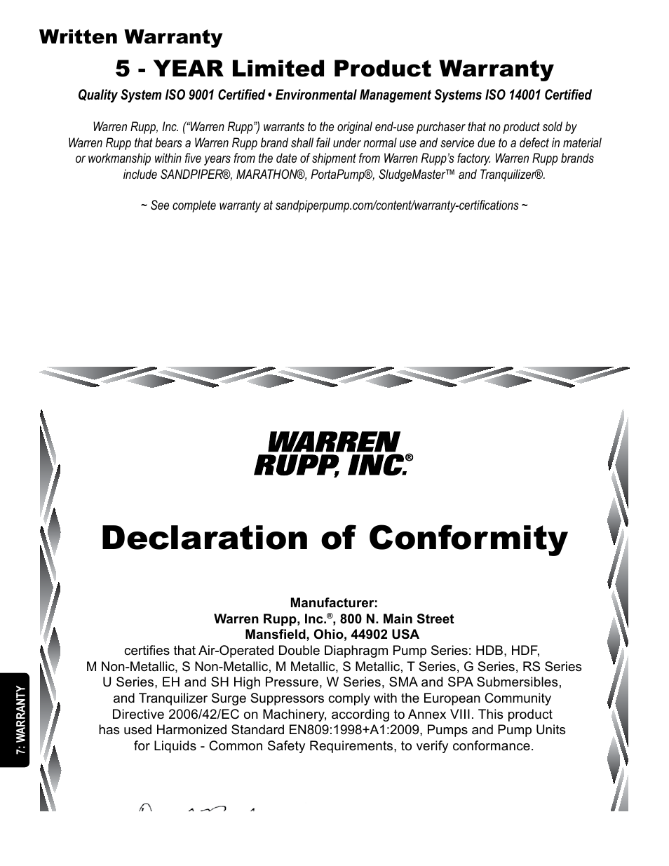 Declaration of conformity, 5 - year limited product warranty, Written warranty | SANDPIPER T20 User Manual | Page 18 / 19