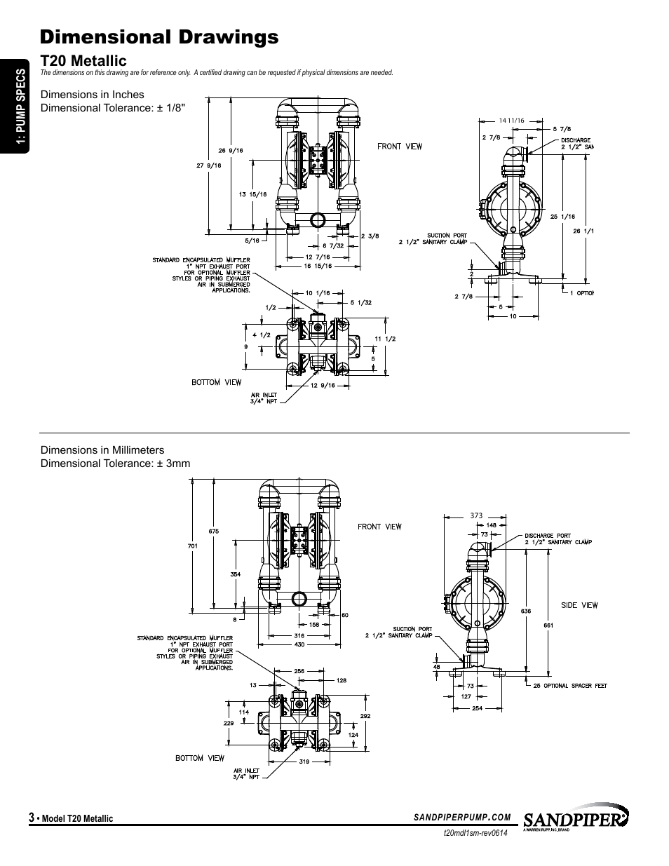 Dimensional drawings, T20 metallic | SANDPIPER T20 User Manual | Page 6 / 19