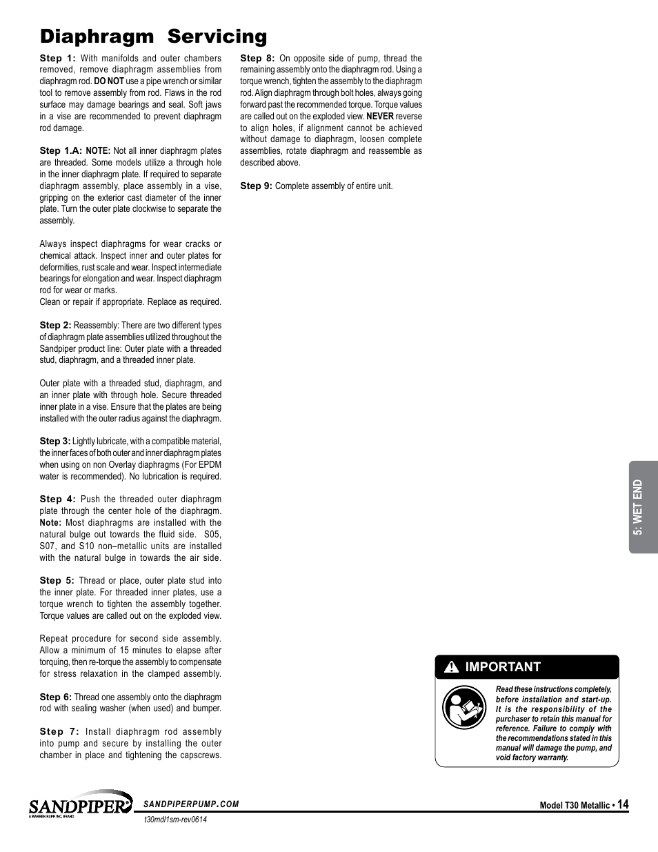 Diaphragm servicing, Important, Universal all sp | SANDPIPER T30 User Manual | Page 17 / 19