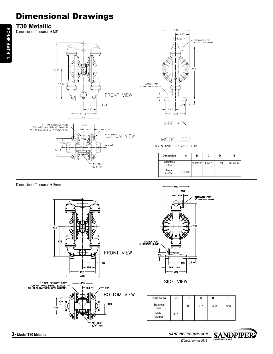 Dimensional drawings, T30 metallic, Pump specs | SANDPIPER T30 User Manual | Page 6 / 19