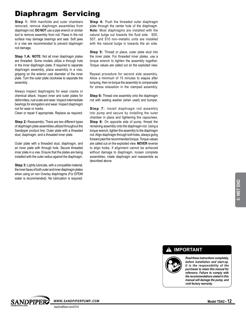 Pilot valve assembly, Diaphragm servicing, Important | Universal all sp | SANDPIPER TSA2 User Manual | Page 15 / 16