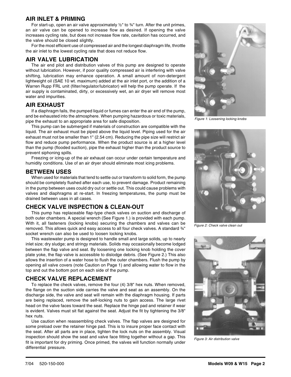 Air inlet & priming, Air valve lubrication, Air exhaust | Between uses, Check valve inspection & clean-out, Check valve replacement | SANDPIPER W15 User Manual | Page 2 / 11