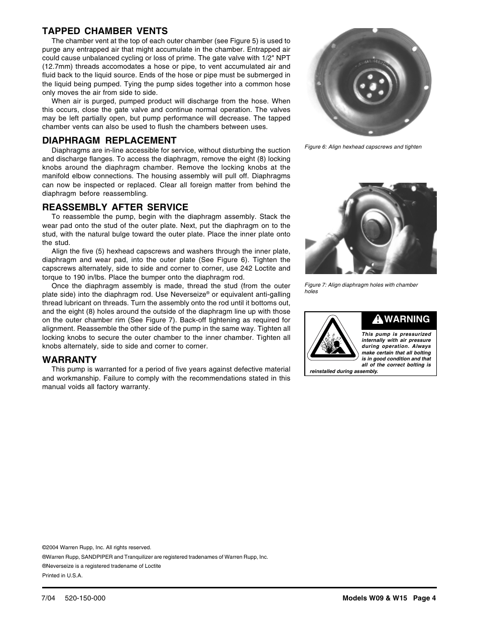 Tapped chamber vents, Diaphragm replacement, Reassembly after service | Warranty, Warning | SANDPIPER W15 User Manual | Page 4 / 11