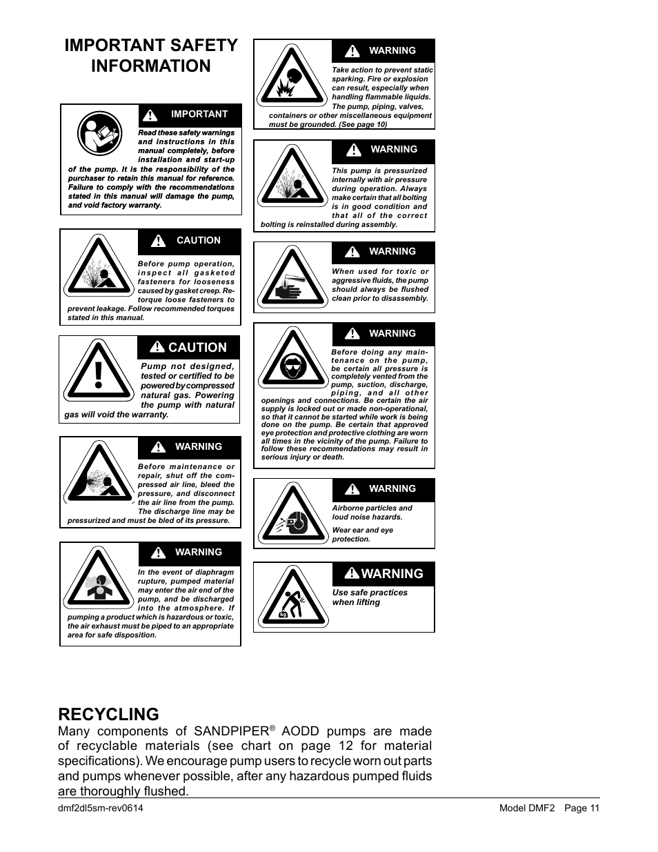 Important safety information, Recycling, Many components of sandpiper | Caution | SANDPIPER DMF2S User Manual | Page 13 / 23