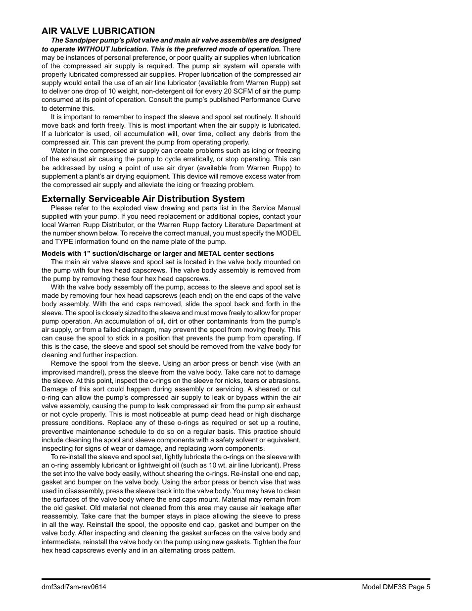 Air valve lubrication, Externally serviceable air distribution system | SANDPIPER DMF3S User Manual | Page 7 / 18