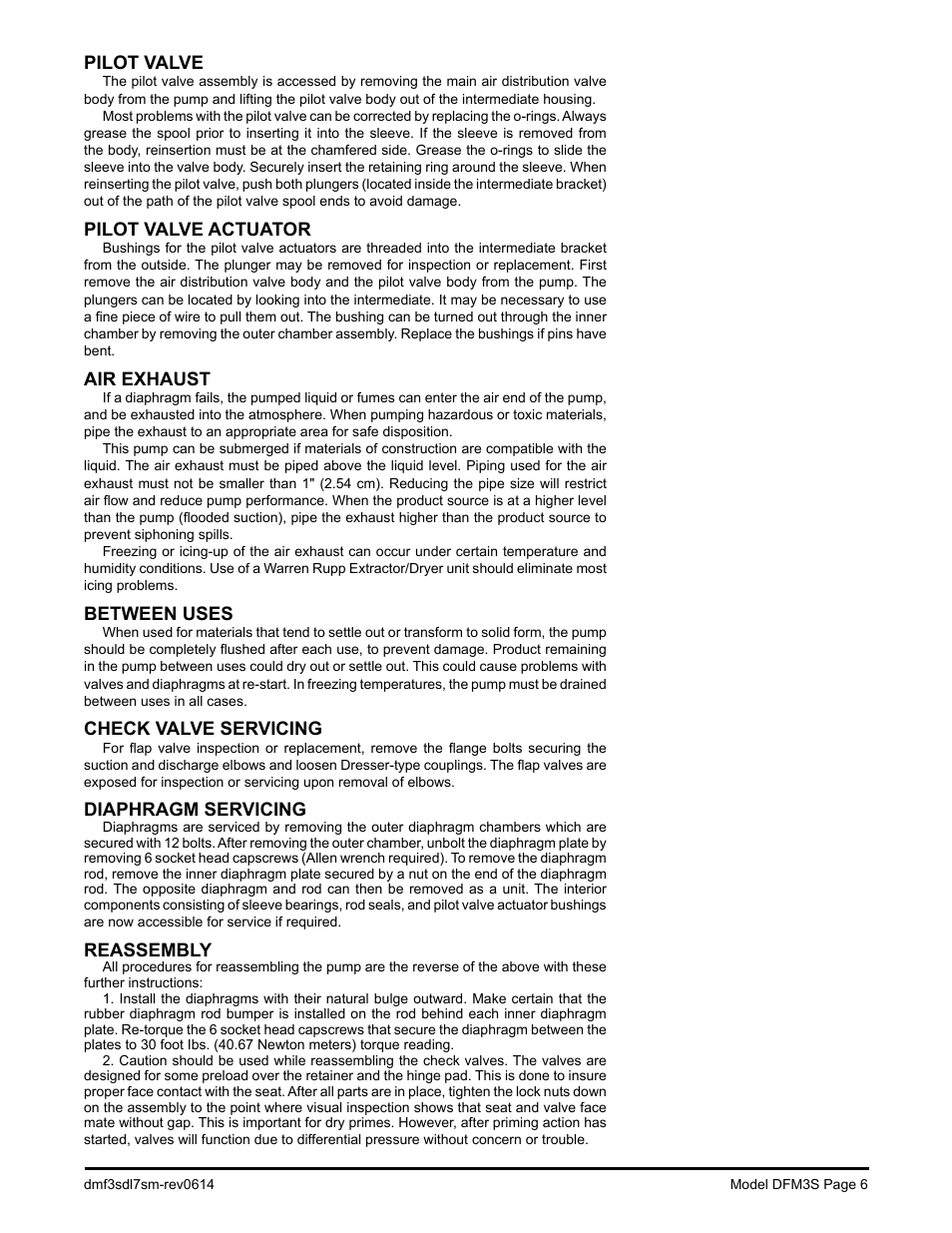 Pilot valve, Pilot valve actuator, Air exhaust | Between uses, Check valve servicing, Diaphragm servicing, Reassembly | SANDPIPER DMF3S User Manual | Page 8 / 18