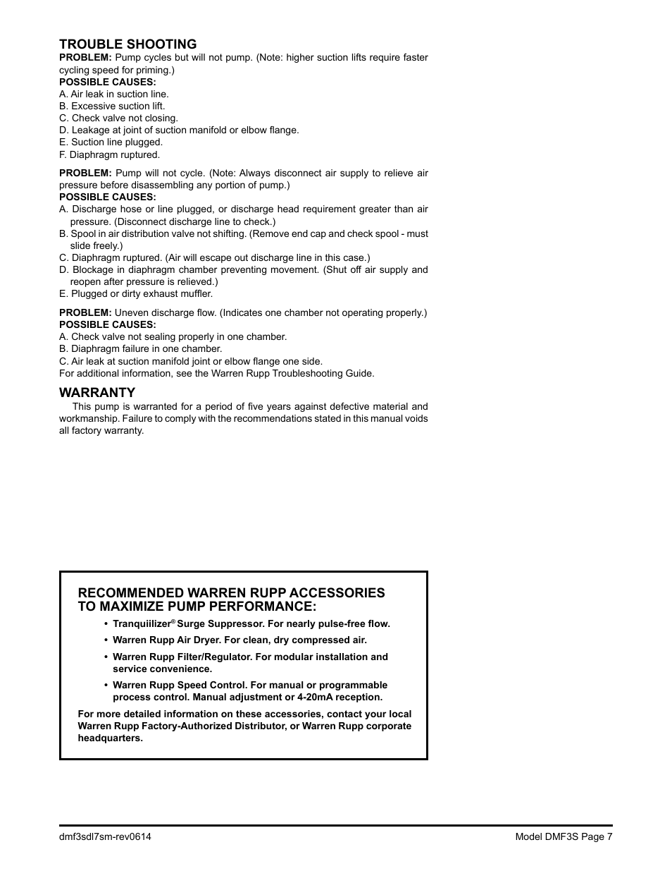 Trouble shooting, Warranty | SANDPIPER DMF3S User Manual | Page 9 / 18