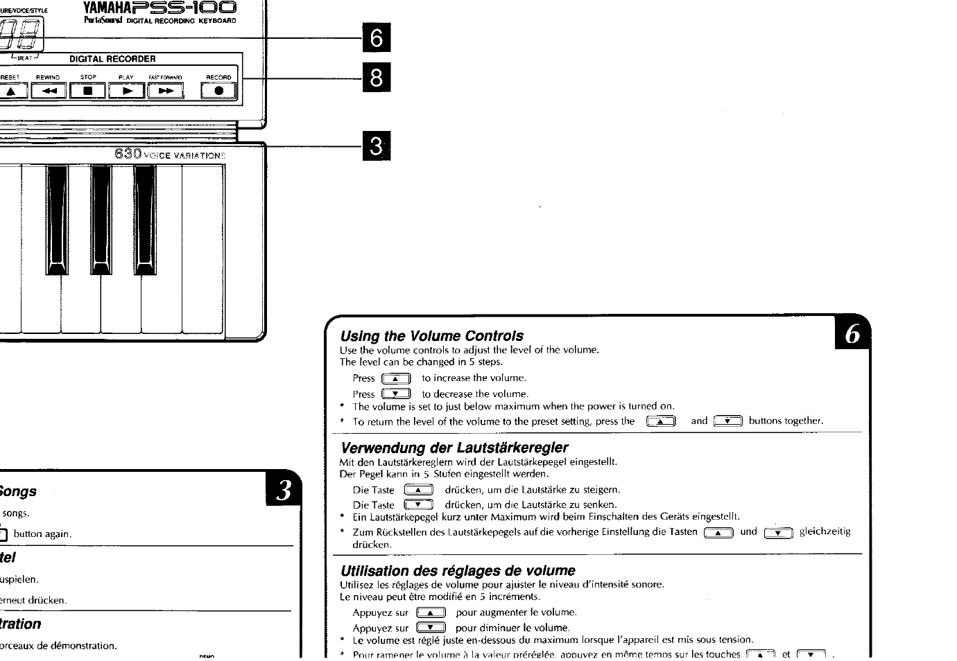 Yamahar^^hoo, Fongs, Ration | Using the volume controls, Verwendung der lautstärkeregler, Utilisation des régiages de voiume | Yamaha PSS-100 User Manual | Page 4 / 16
