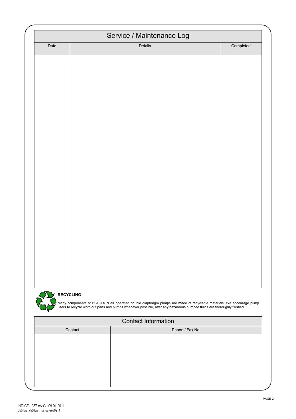 Service / maintenance log, Contact information | SANDPIPER X50 Full Flow User Manual | Page 2 / 14