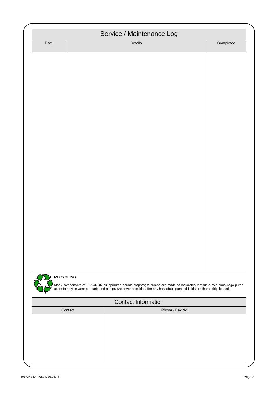 Service / maintenance log, Contact information | SANDPIPER X15 User Manual | Page 2 / 12