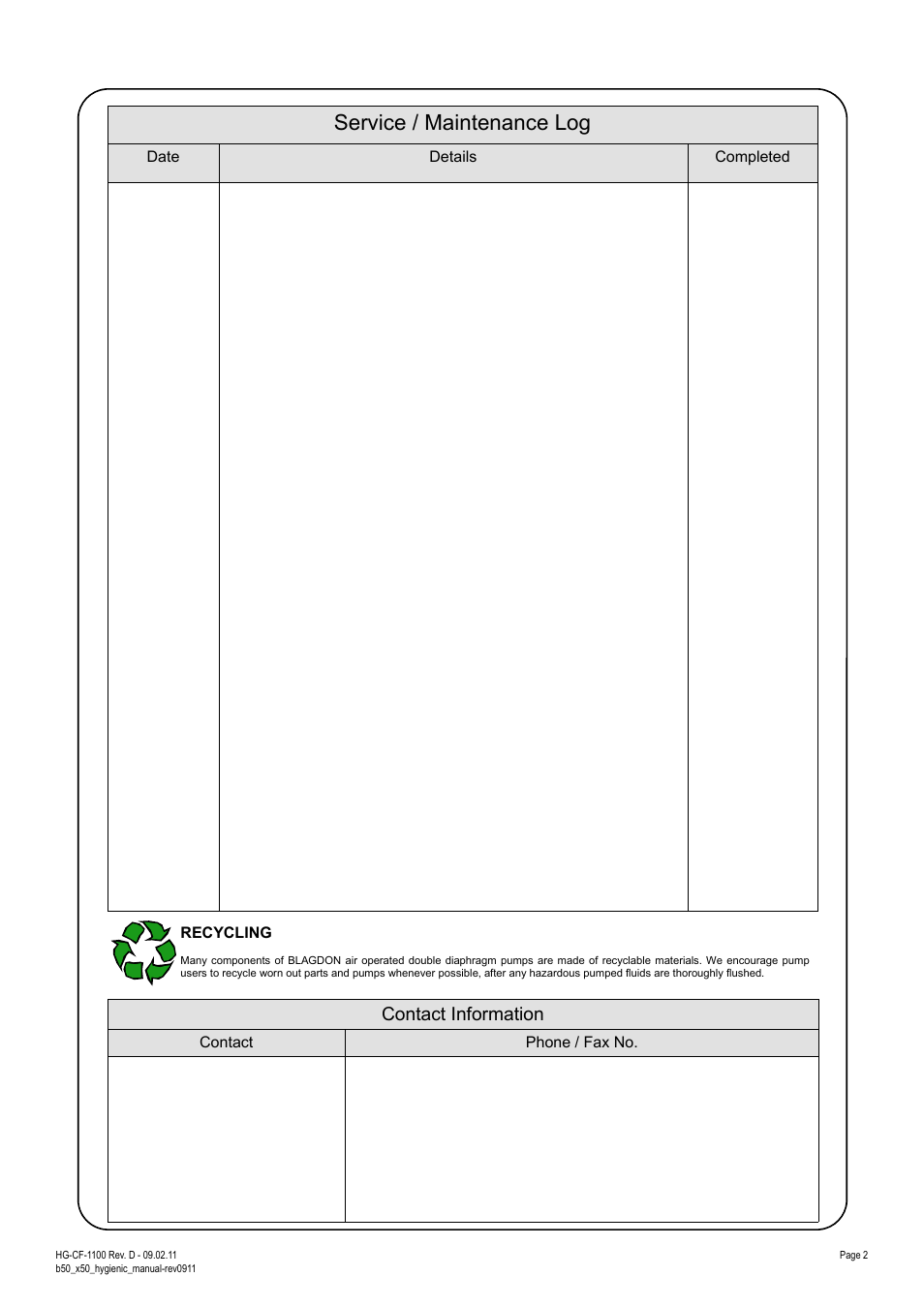 Service / maintenance log, Contact information | SANDPIPER X50 B5002 User Manual | Page 2 / 12