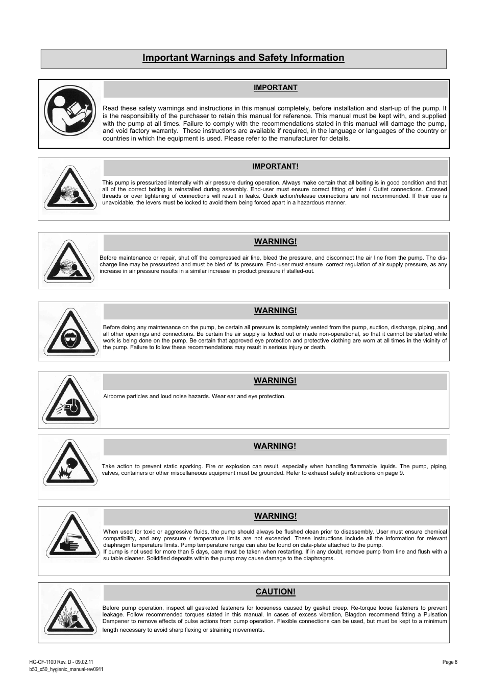 Important warnings and safety information, Caution, Warning | SANDPIPER X50 B5002 User Manual | Page 6 / 12