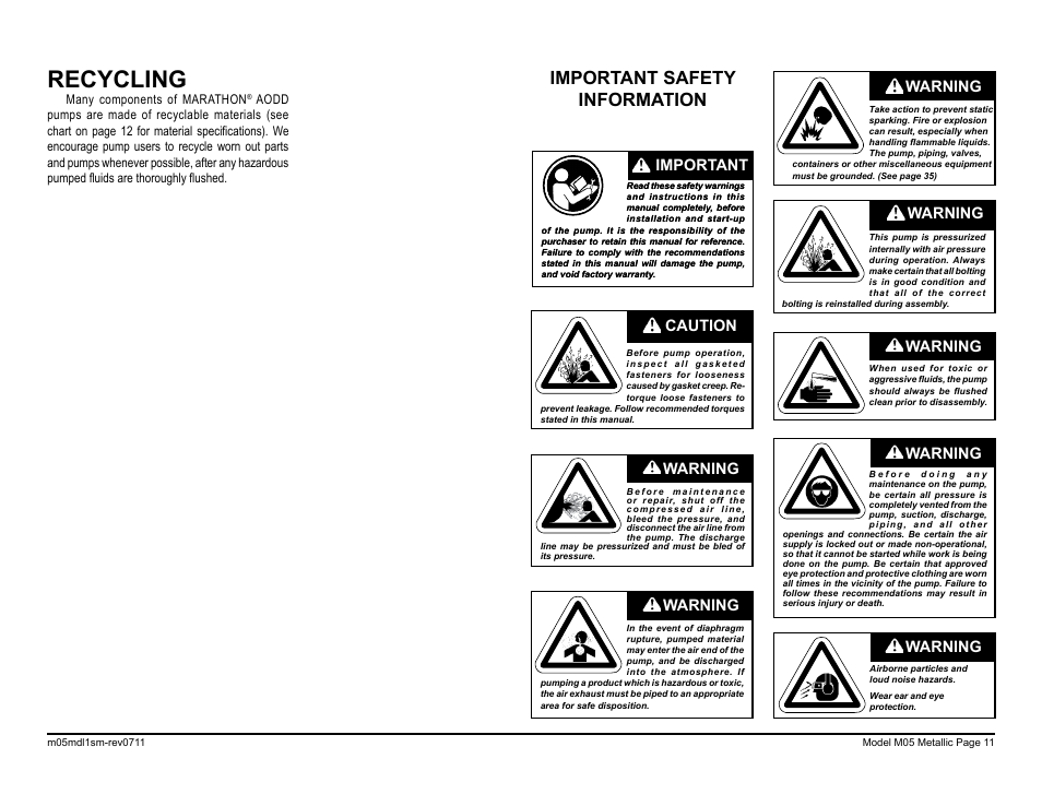 Recycling, Important safety information, Warning | Caution, Warning important | SANDPIPER M05 Metallic User Manual | Page 13 / 40