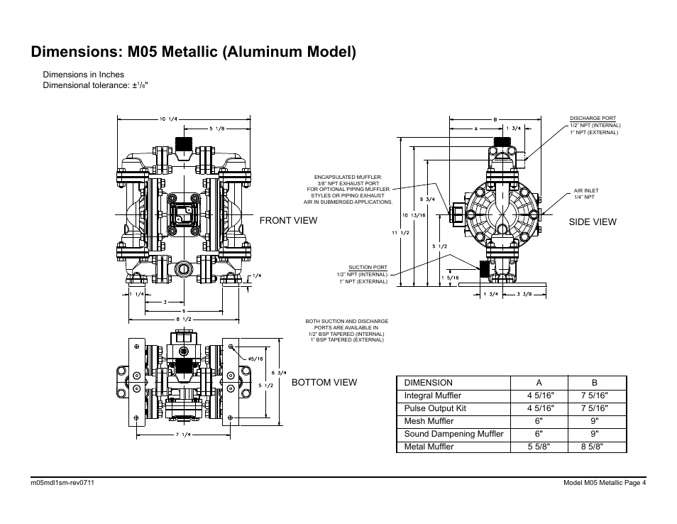 Dimensions: m05 metallic (aluminum model) | SANDPIPER M05 Metallic User Manual | Page 6 / 40