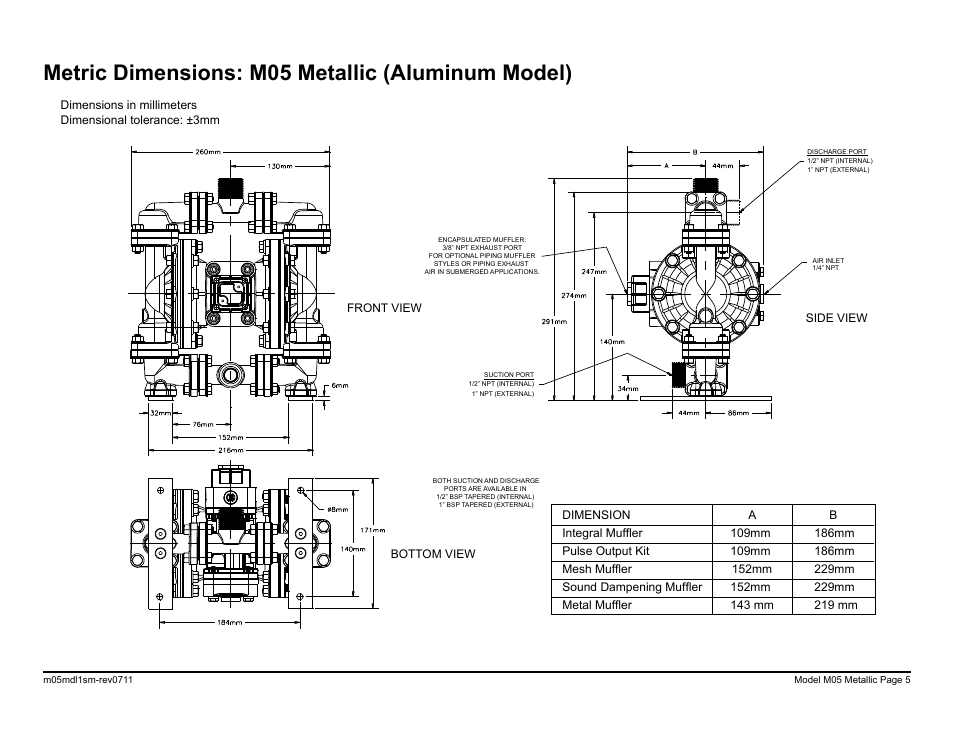 Metric dimensions: m05 metallic (aluminum model) | SANDPIPER M05 Metallic User Manual | Page 7 / 40