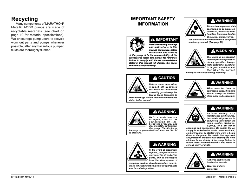 Recycling, Important safety information, Warning | Caution, Warning important | SANDPIPER M1F Metallic User Manual | Page 11 / 34