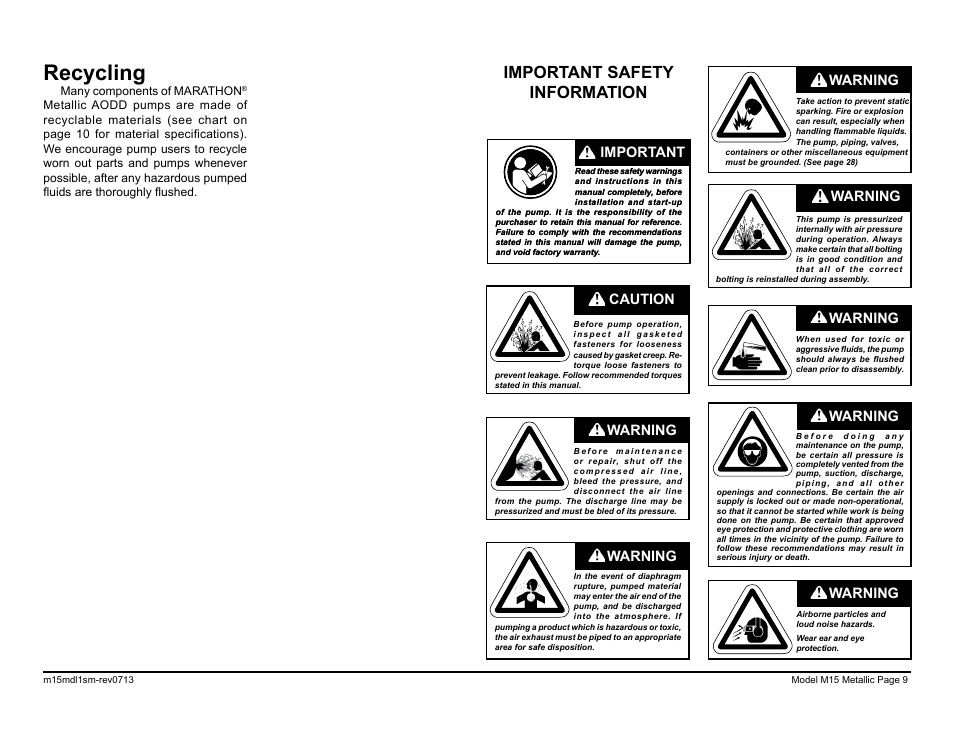 Recycling, Important safety information, Warning | Caution, Warning important | SANDPIPER M15 Metallic User Manual | Page 11 / 34