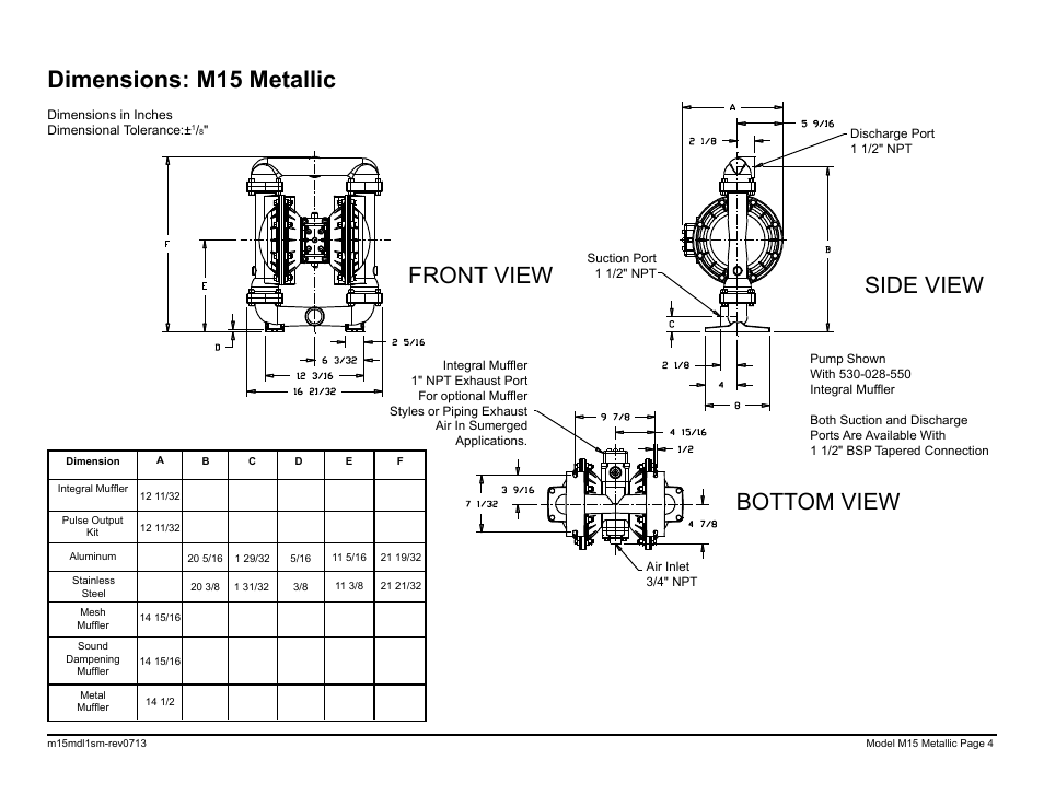 Dimensions: m15 metallic, Side view front view, Bottom view | SANDPIPER M15 Metallic User Manual | Page 6 / 34