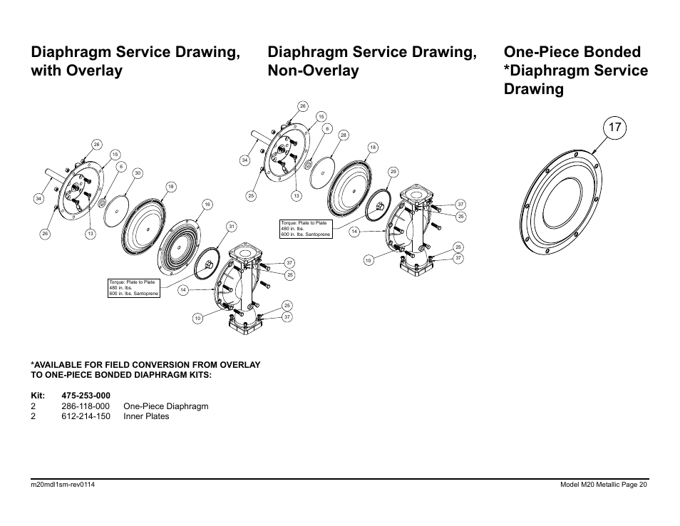 One-piece bonded *diaphragm service drawing | SANDPIPER M20 Metallic User Manual | Page 22 / 33