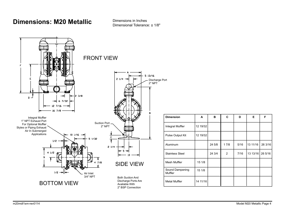 Dimensions: m20 metallic, Side view bottom view front view | SANDPIPER M20 Metallic User Manual | Page 6 / 33