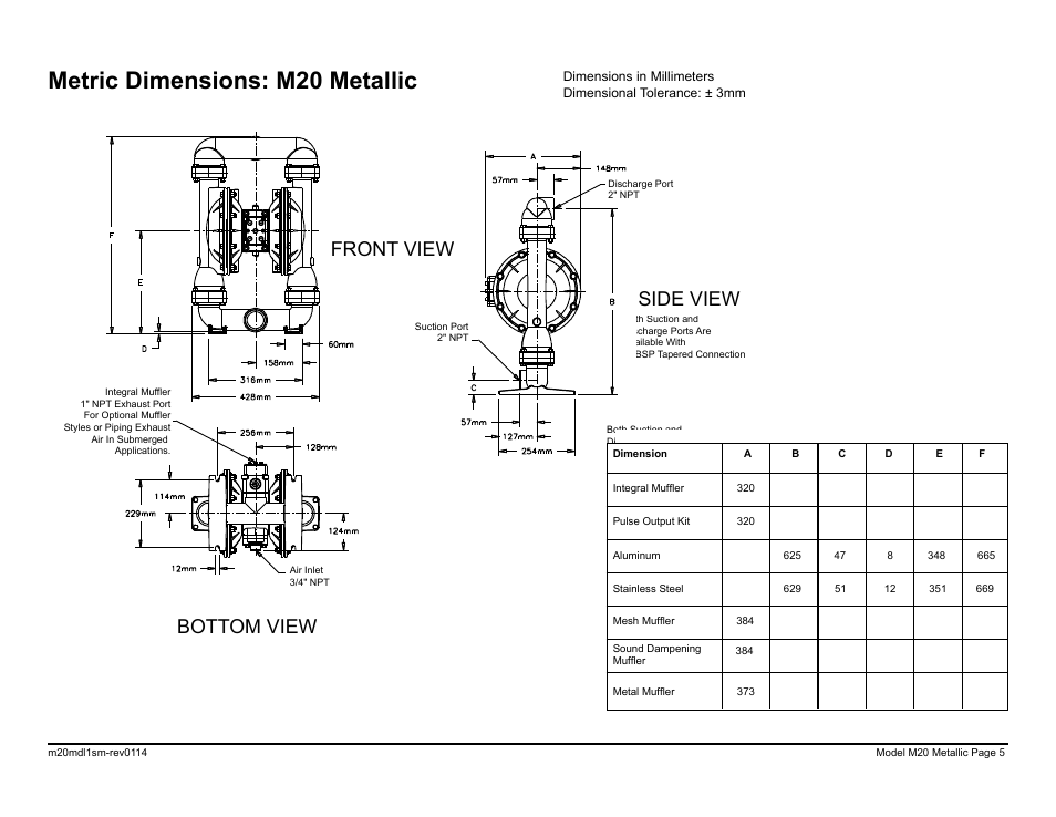 Metric dimensions: m20 metallic, Side view bottom view front view | SANDPIPER M20 Metallic User Manual | Page 7 / 33