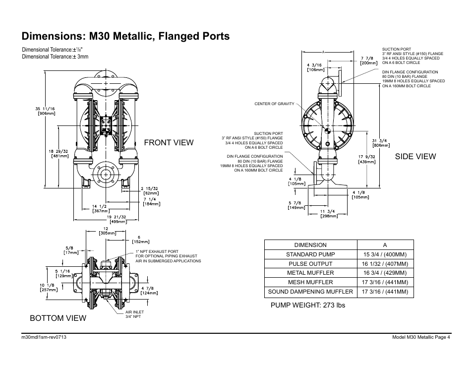 Dimensions: m30 metallic, flanged ports, Front view bottom view side view, Pump weight: 273 lbs | SANDPIPER M30 Metallic User Manual | Page 6 / 34