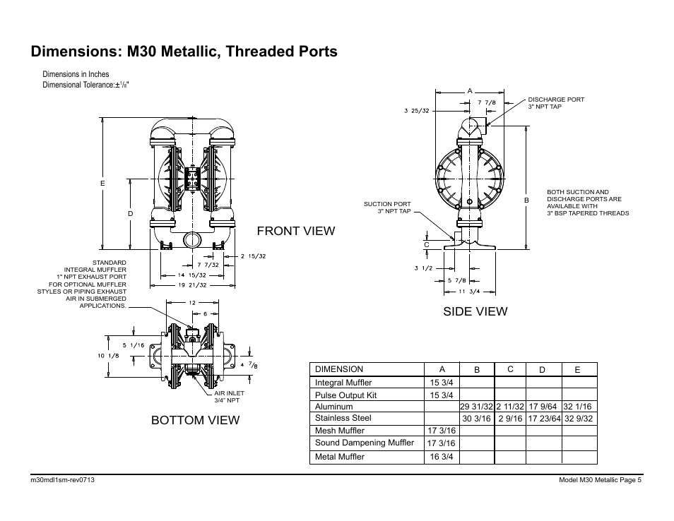Dimensions: m30 metallic, threaded ports, Bottom view front view side view | SANDPIPER M30 Metallic User Manual | Page 7 / 34