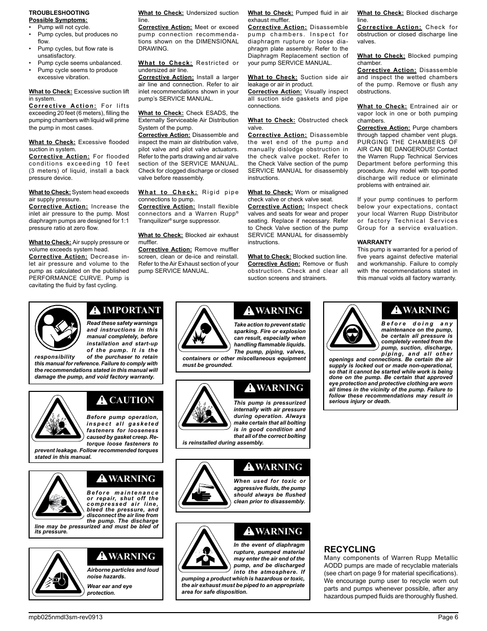 Caution, Warning important, Warning | Recycling | SANDPIPER MPB 1/4 User Manual | Page 8 / 16