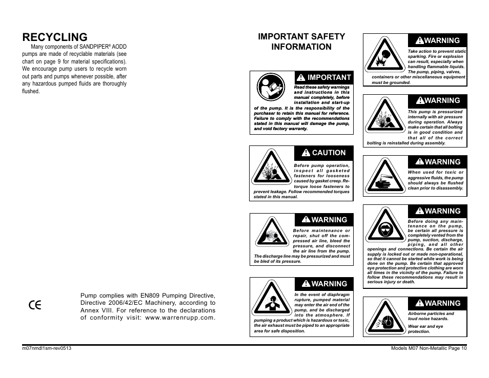 Recycling, Important safety information, Warning | Caution, Warning important | SANDPIPER M07 Non-Metallic User Manual | Page 12 / 35