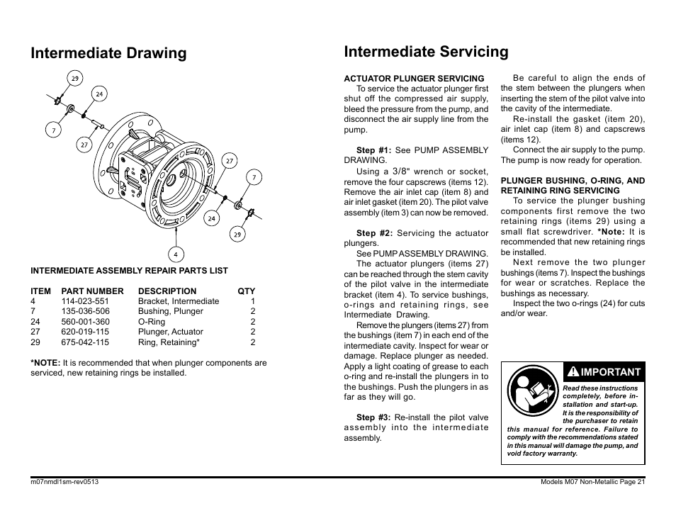 Intermediate drawing, Intermediate servicing | SANDPIPER M07 Non-Metallic User Manual | Page 23 / 35