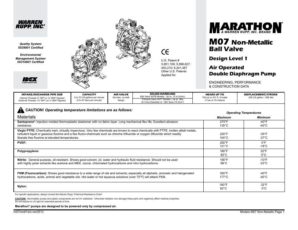 Non-metallic ball valve, Design level 1 air operated double diaphragm pump, Materials | SANDPIPER M07 Non-Metallic User Manual | Page 3 / 35