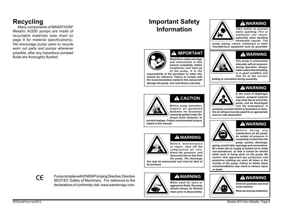 Important safety information recycling, Warning, Caution | Warning important | SANDPIPER M10 Non-Metallic User Manual | Page 11 / 30