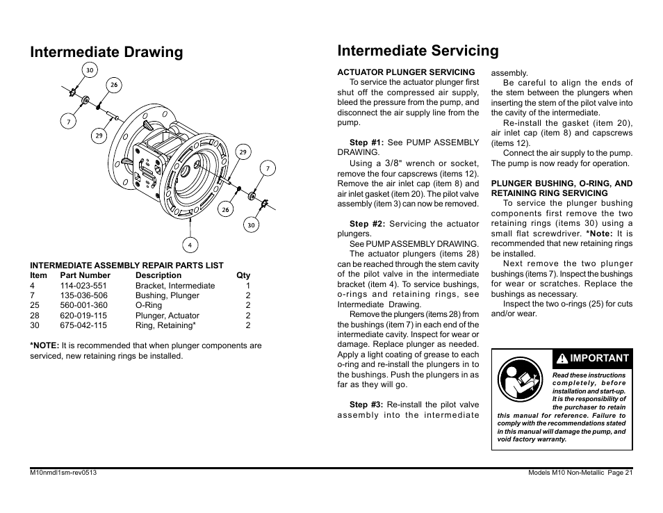 Intermediate drawing, Intermediate servicing | SANDPIPER M10 Non-Metallic User Manual | Page 23 / 30