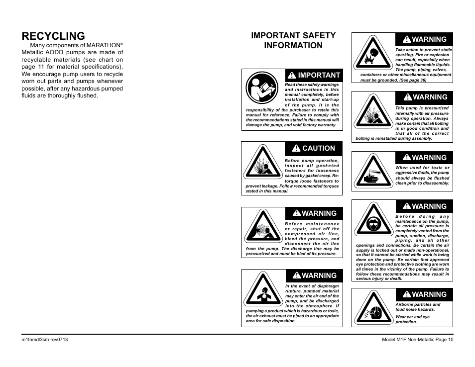 Recycling, Important safety information, Warning | Caution, Warning important | SANDPIPER M1F Non-Metallic User Manual | Page 12 / 41