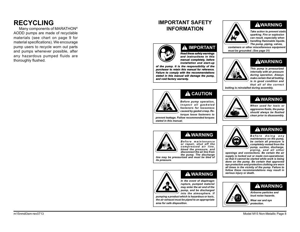 Recycling, Important safety information, Warning | Caution, Warning important | SANDPIPER M15 Non-Metallic User Manual | Page 10 / 36