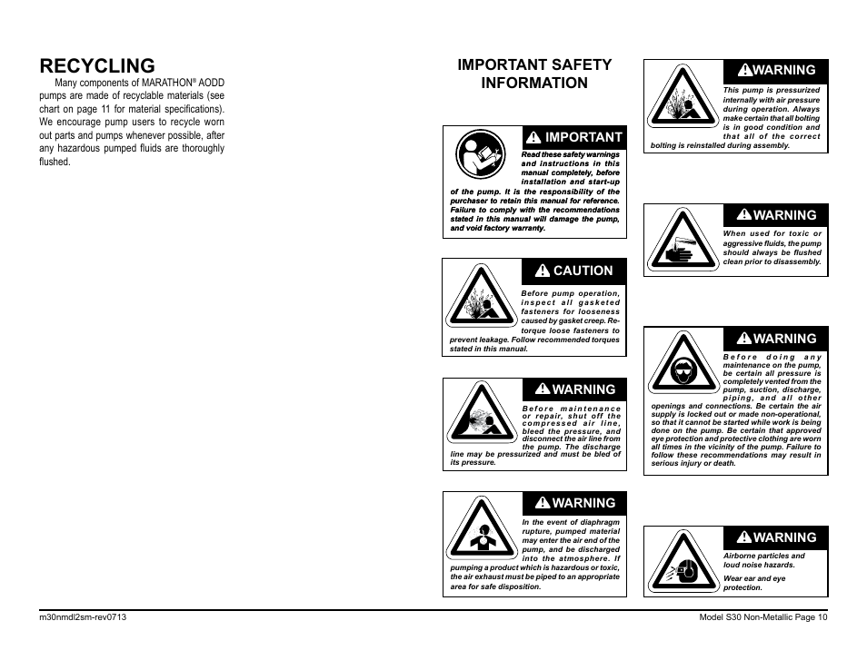 Recycling, Important safety information, Warning | Caution, Important | SANDPIPER M30 Non-Metallic User Manual | Page 12 / 38