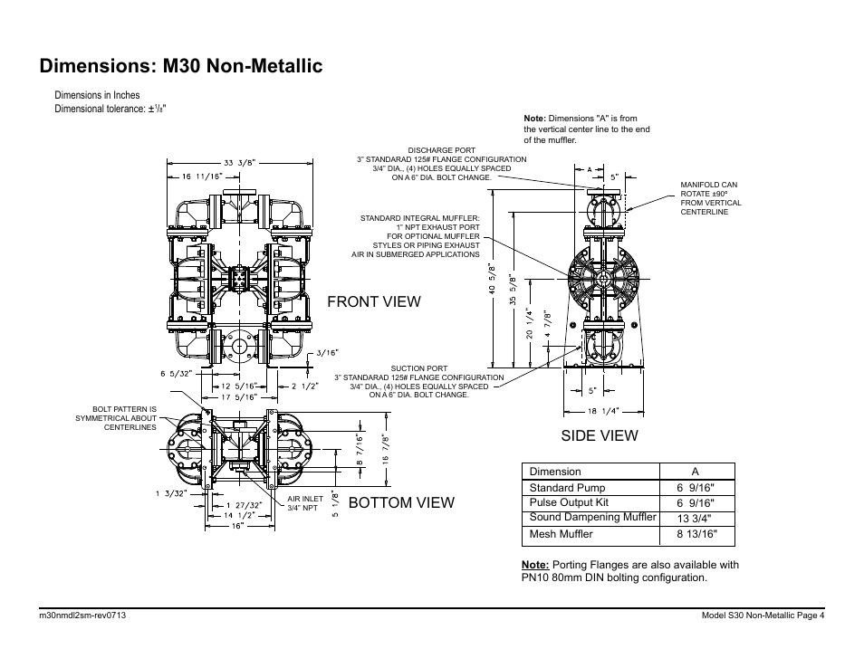 Dimensions: m30 non-metallic, Bottom view side view front view | SANDPIPER M30 Non-Metallic User Manual | Page 6 / 38