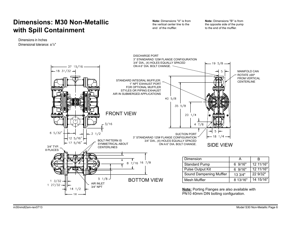 Bottom view side view front view | SANDPIPER M30 Non-Metallic User Manual | Page 8 / 38