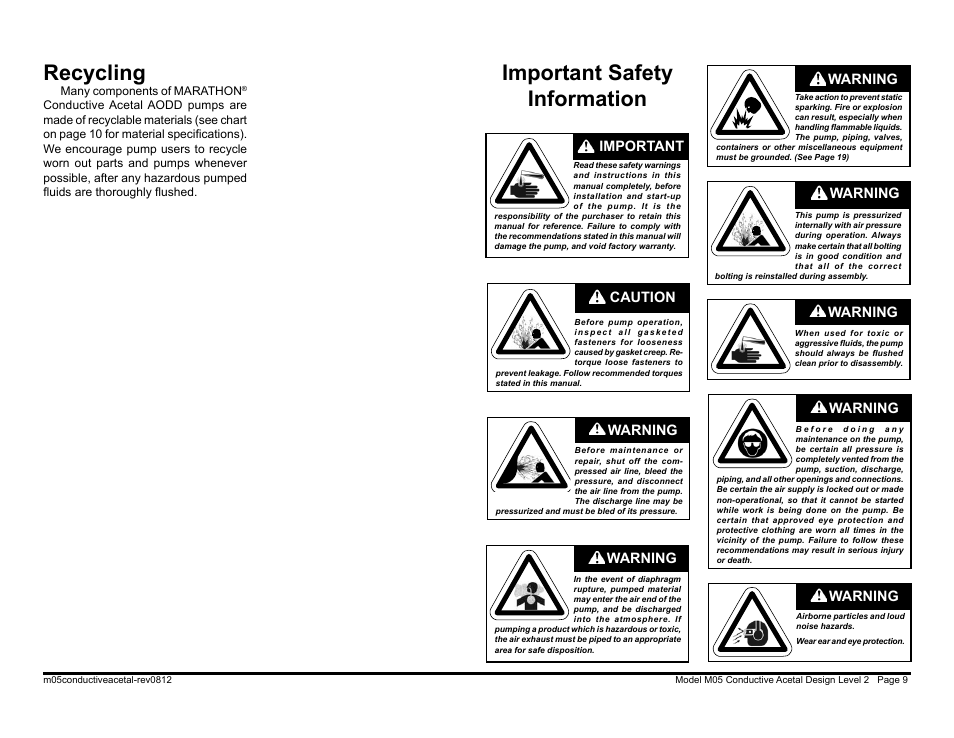 Recycling, Important safety information, Warning | Caution, Warning important | SANDPIPER M05 Conductive Acetal User Manual | Page 11 / 26