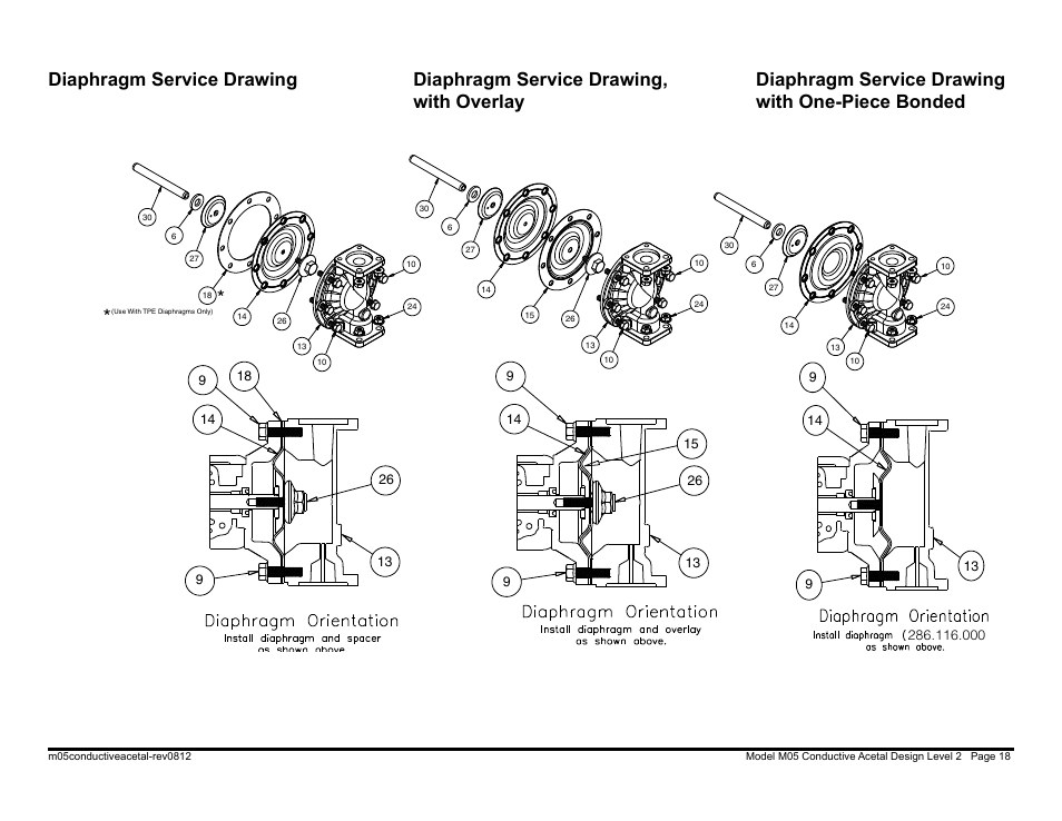 Diaphragm service drawing with one-piece bonded | SANDPIPER M05 Conductive Acetal User Manual | Page 20 / 26