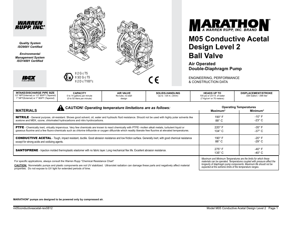 M05 conductive acetal design level 2 ball valve, Air operated double-diaphragm pump, Ii 2gd t5 | SANDPIPER M05 Conductive Acetal User Manual | Page 3 / 26