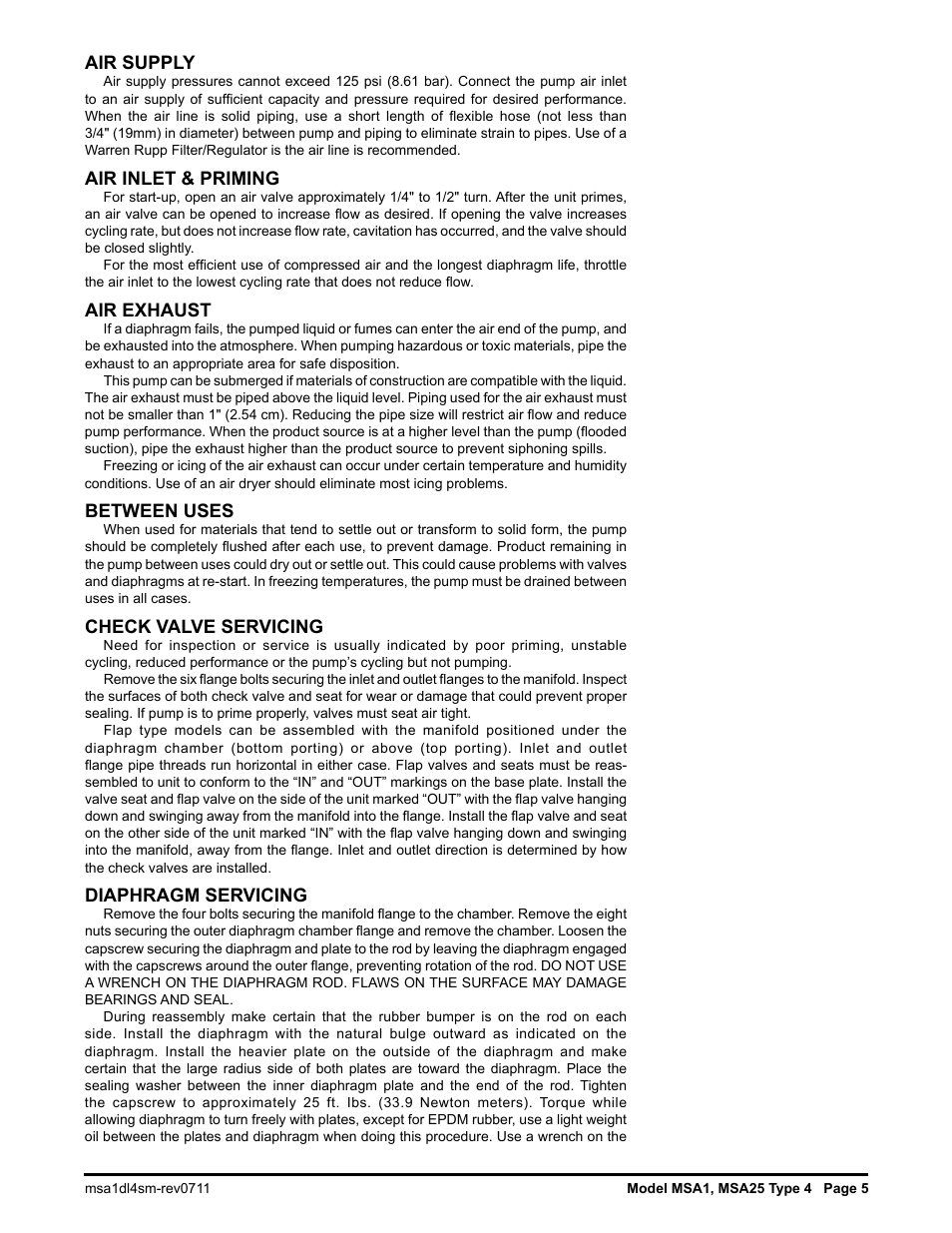 Air supply, Air inlet & priming, Air exhaust | Between uses, Check valve servicing, Diaphragm servicing | SANDPIPER MSA25 User Manual | Page 6 / 18