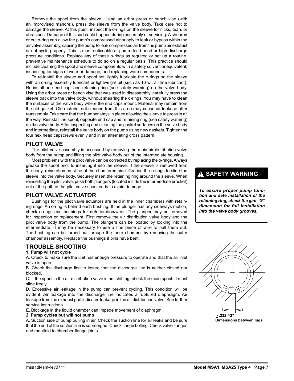 Pilot valve, Pilot valve actuator, Trouble shooting | Safety warning | SANDPIPER MSA25 User Manual | Page 8 / 18